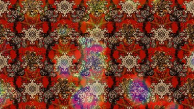 Parlak renkli çiçekleri ve kahverengi ve kırmızı renkte yaprakları olan harika bir çiçek deseni. Moda baskıları için zarif bir şablon. Modern çiçek arkaplanı. Halk stili.