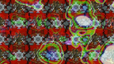 Parlak renkli çiçekleri olan ve kırmızı ve kahverengi renkte yaprakları olan harika bir çiçek deseni. Moda baskıları için zarif bir şablon. Modern çiçek arkaplanı. Halk stili.