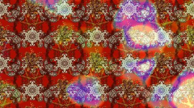 Soyut etnik raster çizim kalıbı. Kabile sanatı boho baskısı, klasik çiçek arkaplanı. Arkaplan dokusu, duvar kağıdı, kahverengi ve kırmızı renkli çiçek teması.