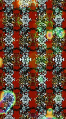 Kumaş desenli papatya çiçeği detayı. Kahverengi ve kırmızı renkte çiçekler.