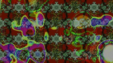 Yeşil ve kırmızı, yeşil ve kırmızı üzerine. 1950-1960 motifleri. Çiçekli ipek eşarp. El çizimi çiçek unsurları olan soyut çizim raster deseni. Retro tekstil tasarım koleksiyonu.