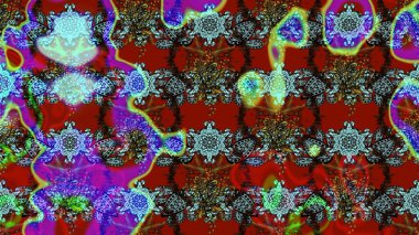 Çocuksu tasarım. Tekstil, kumaş, ambalaj, hatıra defteri için hoş bir çiçek arkaplanı. Elle çizilmiş çiçek desenli Raster çizimi. Kırmızı ve mavi arkaplanda.