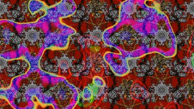 Raster Floral Illustration, Asyalı tekstil. Gri ve kırmızı renkte etnik çiçeklerle süslenmiş zarif bir eskiz..