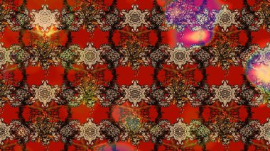 Çiçek desenli çizim. Raster illüstrasyonu. Raster illüstrasyonu. Kahverengi ve kırmızı renkte çiçekler. Asya tekstil tarzında.