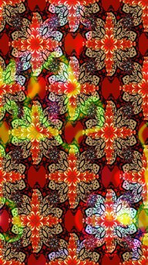 Raster deseni. Bahar çiçekleri dallı desen, kırmızı ve kahverengi renkler çiçekli siluet.