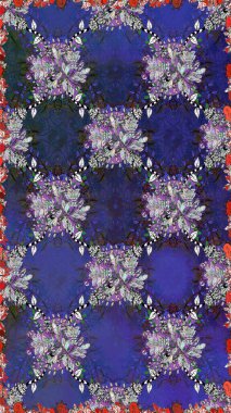 Kusursuz çiçek deseni. Mor ve gri renkte çiçekler. Raster illüstrasyonu. Raster illüstrasyonu. Asya tekstil tarzında.