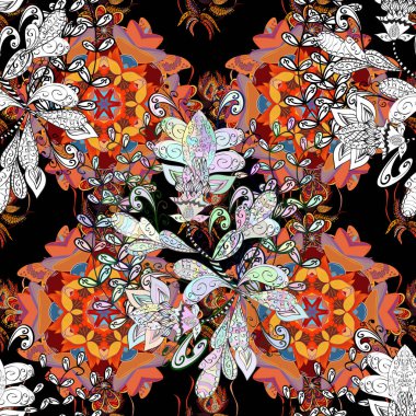 Siyah ve turuncu renkli çiçekler. Hediye ambalaj kağıdı, tebrik kartları, posterler ve pankart tasarımı. Raster düz çiçekleri pürüzsüz desen.