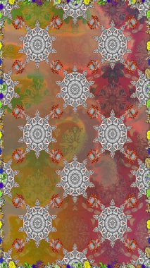 Çiçekleri, deniz kabukları, mandalaları ve suluboya efektleriyle donanma geçmişi. Yatak çarşafları, ceket, paket tasarımı, kumaş ve moda kavramları için tekstil baskısı. Kusursuz etnik tasarım.