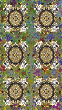 Çizgi sanatı tasarım şablonu için kusursuz sınır. Altın element gri ve yeşil renklerde. Davetiyeler, kartlar, web sayfası için Raster illüstrasyon. Altın desenli çiçek dekoru. Doğu tarzı ögesi.