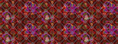 Suluboya çiçekli çiçek deseni. Raster illüstrasyonu. Kahverengi ve kırmızı renklerde Asya tekstili.