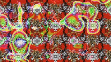 Parlak renkli fantezi çiçekleri, yapraklar, kırmızı ve kahverengi renkli tomurcuklar, kırmızı ve kahverengi. Suluboya el çizimi elementli çiçek çizimi deseni.