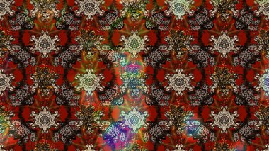 Yapraklı çiçekler ve kahverengi ve kırmızı renklerde papatya çiçekleri. Raster - stok. Taslak arkaplan deseni.