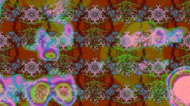 Yapraklı çiçekler ve kahverengi ve yeşil renklerde papatya çiçekleri. Raster - stok. Taslak arkaplan deseni.