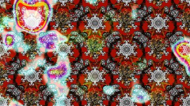 Çok renkli ve kırmızı zarif küçük çiçekler ve gri ve kırmızı renkli komik böcekler, raster deseni, illüstrasyon.