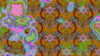 Yeşil ve kahverengi renkli şirin çiçek desenleri. Düz Çiçek Elementleri Tasarımı. Raster Modaya uygun kumaş deseni. Renkli Bahar Teması çizim şablonu.