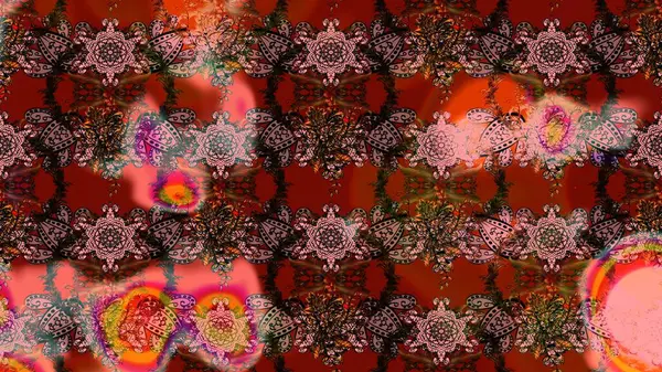 Çiçekler. Vadinin çiçekleri kahverengi ve kırmızı renklerde. Soyut etnik raster çizim kalıbı.