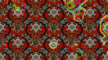 Çocuksu tasarım. Tekstil, kumaş, ambalaj, hatıra defteri için hoş bir çiçek arkaplanı. Elle çizilmiş çiçek desenli Raster çizimi. Kırmızı ve kahverengi arkaplanda.