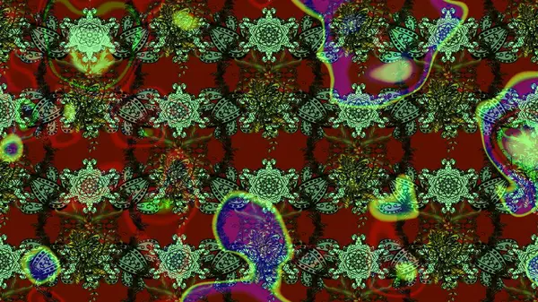 Kibar, bahar çiçekleri yeşil ve kırmızı renklerde. Patlayan çiçekler soyut olarak yerleştirilmiş. Raster deseni. Raster illüstrasyonu.