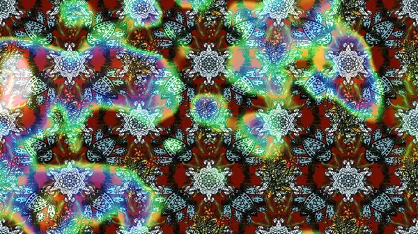 Çiçeksel elementlerle süslenmiş zarif raster dokusu. Parlak çiçekli mavi ve yeşil renkler üzerine soyut çizim deseni. Küçük çiçekte şirin bir çiçek deseni var..