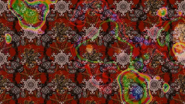 Dallı bahar çiçekleri ile desen, kahverengi ve çiçek silueti ile kırmızı renkler. Raster deseni.