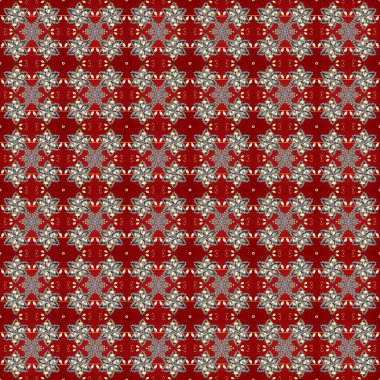 Klasik klasik klasik arka plan. Geleneksel oryantasyon süsü. Kusursuz klasik raster altın desenli. Altın elementlerle kırmızı, gri ve kahverengi renklerde kusursuz desen. Raster illüstrasyonu.