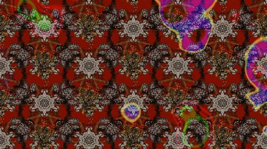 Çok kahverengi ve kırmızı zarif küçük çiçekler ve kahverengi ve kırmızı renkli komik böcekler, raster desen, illüstrasyon.