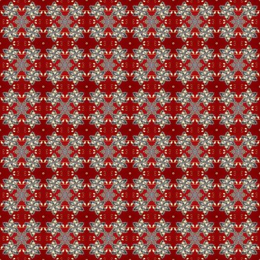 Klasik klasik klasik arka plan. Geleneksel oryantasyon süsü. Kusursuz klasik raster altın desenli. Altın elementlerle kırmızı, gri ve kahverengi renklerde kusursuz desen. Raster illüstrasyonu.