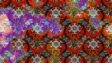 Raster illüstrasyonu. Tropik çiçek desenleri. Kahverengi ve kırmızı renkte çiçekler.