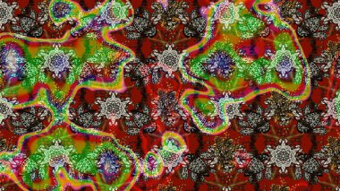 Asya tekstil tarzında. Düz Çiçek Elementleri Tasarımı. Kahverengi ve kırmızı renkte çiçekler. Renkli Bahar Teması eskiz kalıbı. Çiçek desenli çizim. Raster illüstrasyonu.