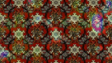 Kahverengi ve kırmızı renkte etnik çiçeklerle süslenmiş zarif bir eskiz şekli. Asya Tekstil 'inde Raster Çiçek İllüstrasyonu.