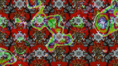 Üzerinde gelincikler ve vadi zambakları olan renkli çiçek desenli nakış deseni. Tekstil tasarımı için kırmızı ve kahverengi renkte geleneksel Raster çiçek buketi.