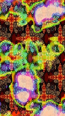 Kahverengi ve yeşil renklerde bahar çiçekleri. Raster illüstrasyonu. Çiçek ve yapraklı karalama şeklinde Raster çiçek deseni.