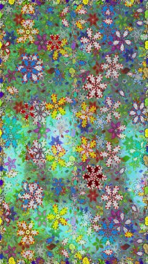 Raster illüstrasyonu. Çiçekli karalama şeklinde Raster çiçek deseni. # Yeşil ve mavi renkte yaz çiçekleri #.