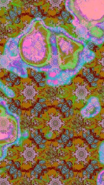 Kahverengi ve yeşil renklerde etnik çiçeklerle süslenmiş zarif bir eskiz şekli. Raster Çiçek İllüstrasyon Şirin Tekstil.