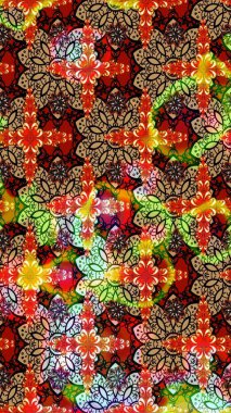 Kırmızı ve kahverengi renkli Asya tekstili. Çiçek desenli çizim. Raster illüstrasyonu.