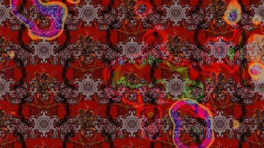 Tekstil için suluboya eskiz deseni. Şirin çiçekli, desenli, kahverengi ve kırmızı renklerde renkli bir eskiz deseni. El çizimi çiçek çizimi deseni (fayans)).