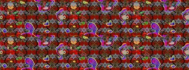 Çok renkli ve gri zarif küçük çiçekler ve kırmızı ve gri renkli komik böcekler, raster desen, illüstrasyon.