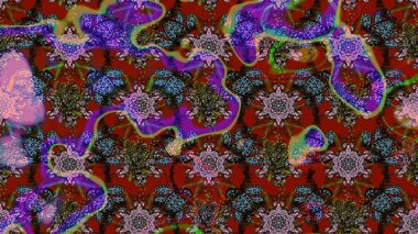 Raster Çiçek İllüstrasyonu 'nun şirin tekstili. Kırmızı ve kahverengi renkli etnik çiçeklerle zarif bir eskiz deseni..