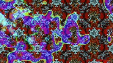 Raster illüstrasyonu. Çiçek desenli çizim. Mavi ve kahverengi renkli Asya tekstili.