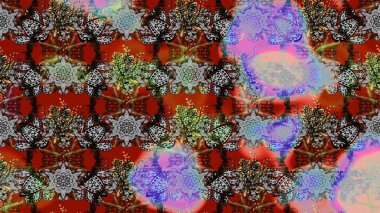 Raster illüstrasyonu. Şirin çiçekli eskiz deseni ve gri ve kahverengi renkli yapraklar, suluboya çiçek deseni, duvar kağıdı, kart veya kumaş için fayanslı.