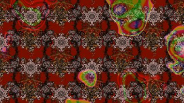 Suluboya elle çizilmiş çiçek desenli eskiz deseni. Parlak renkli fantezi çiçekleri, yapraklar, kahverengi ve kırmızı renkli tomurcuklar kahverengi ve kırmızı.