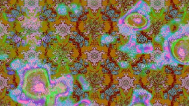 Raster Çiçek İllüstrasyonu güzel tekstil. Yeşil ve kahverengi renkli etnik çiçeklerle zarif eskiz deseni.