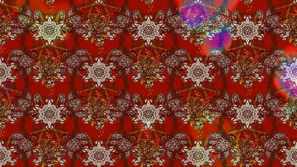 Küçük kırmızı ve kahverengi çiçeklerle oldukça eski bir besin torbası deseni. Tekstil, kumaş, kapaklar, duvar kağıtları, baskı, paket, koleksiyon defteri, örgü, dekupaj için çiçek arkaplanı..