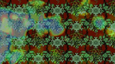 Şirin çiçekli eskiz deseni ve yeşil ve kahverengi renkli yapraklar, suluboya çiçek deseni, duvar kağıdı, kart ya da kumaş için fayanslı. Raster illüstrasyonu.