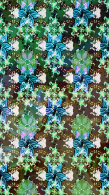 Çiçek desenli çizim. Raster illüstrasyonu. Yeşil renkli Asyalı tekstil.