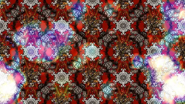 Asya tekstil tarzında. Kahverengi ve kırmızı renkte çiçekler. Raster illüstrasyonu. Çiçek desenli çizim. Raster illüstrasyonu.