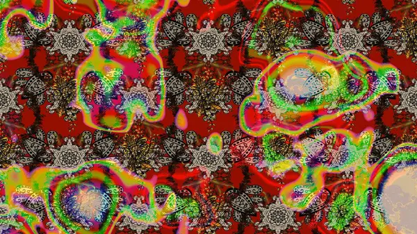 Soyut etnik raster çizim kalıbı. Kabile sanatı boho baskısı, klasik çiçek arkaplanı. Arkaplan dokusu, duvar kağıdı, kırmızı ve kahverengi renkli çiçek teması.