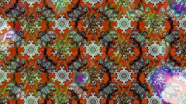 Güzel kumaş deseni. Raster Illustrasyon 'daki Çiçek Deseni' nin son moda çizimi. Düz Çiçek Elementleri Tasarımı. Renkli Yaz Teması çizim şablonu.