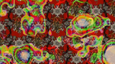 Soyut etnik raster çizim kalıbı. Kabile sanatı boho baskısı, klasik çiçek arkaplanı. Arkaplan dokusu, duvar kağıdı, kırmızı ve kahverengi renkli çiçek teması.