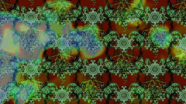 Şirin çiçekli eskiz deseni ve yeşil ve kahverengi renkli yapraklar, suluboya çiçek deseni, duvar kağıdı, kart ya da kumaş için fayanslı. Raster illüstrasyonu.